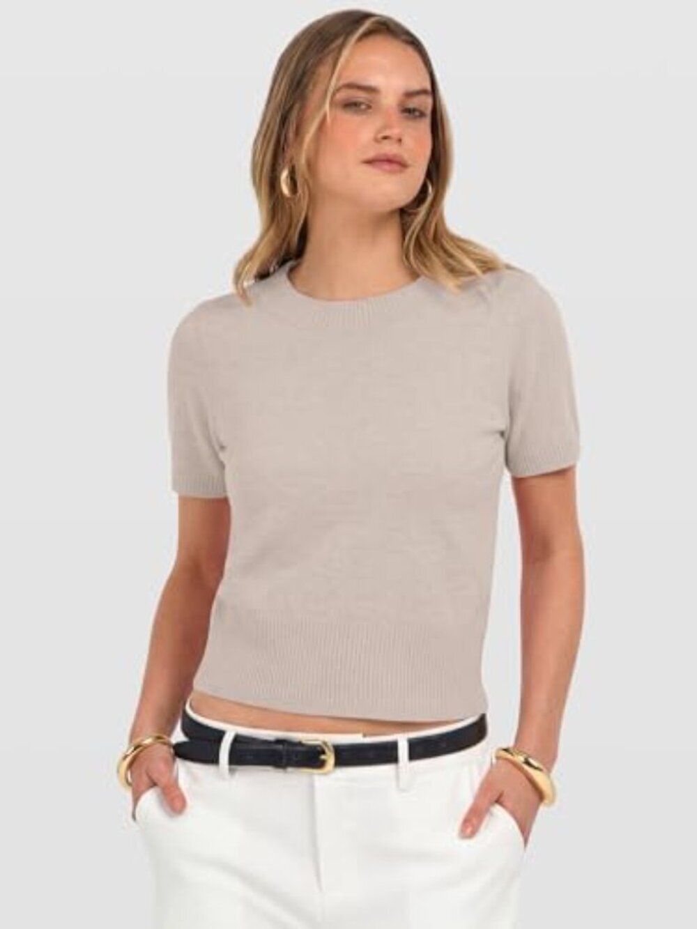 π Womens Short Sleeve Sweaters Cropped Crew Neck Business Casual Lightweight - Picture 5 of 7